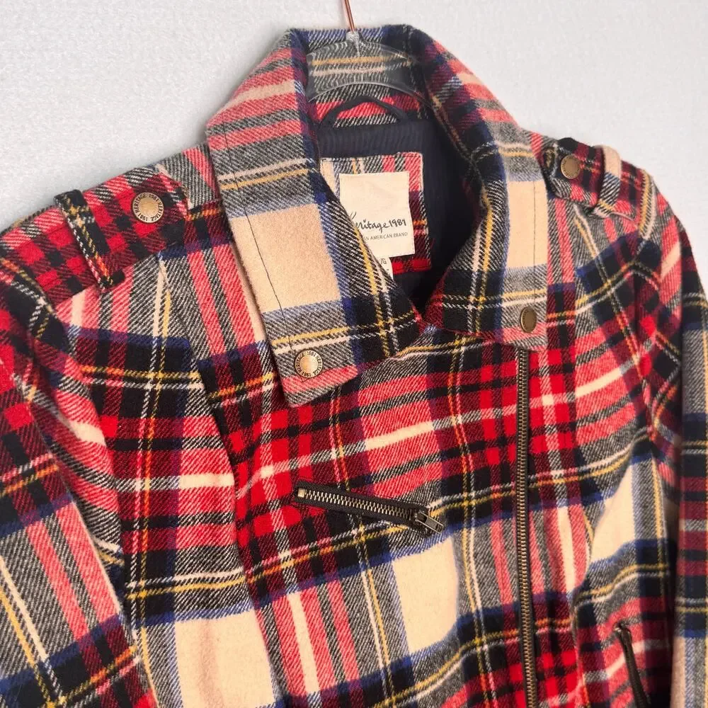 Heritage 1981 Wool Blend Plaid Moto Biker Jacket Belted Red Tartan Preppy Small